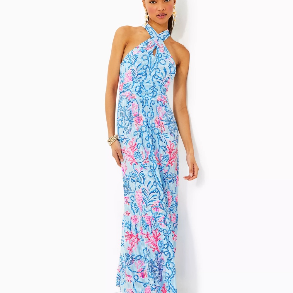 Lilly Pulitzer Halter Sundress Blue Pink Resort Maxi
